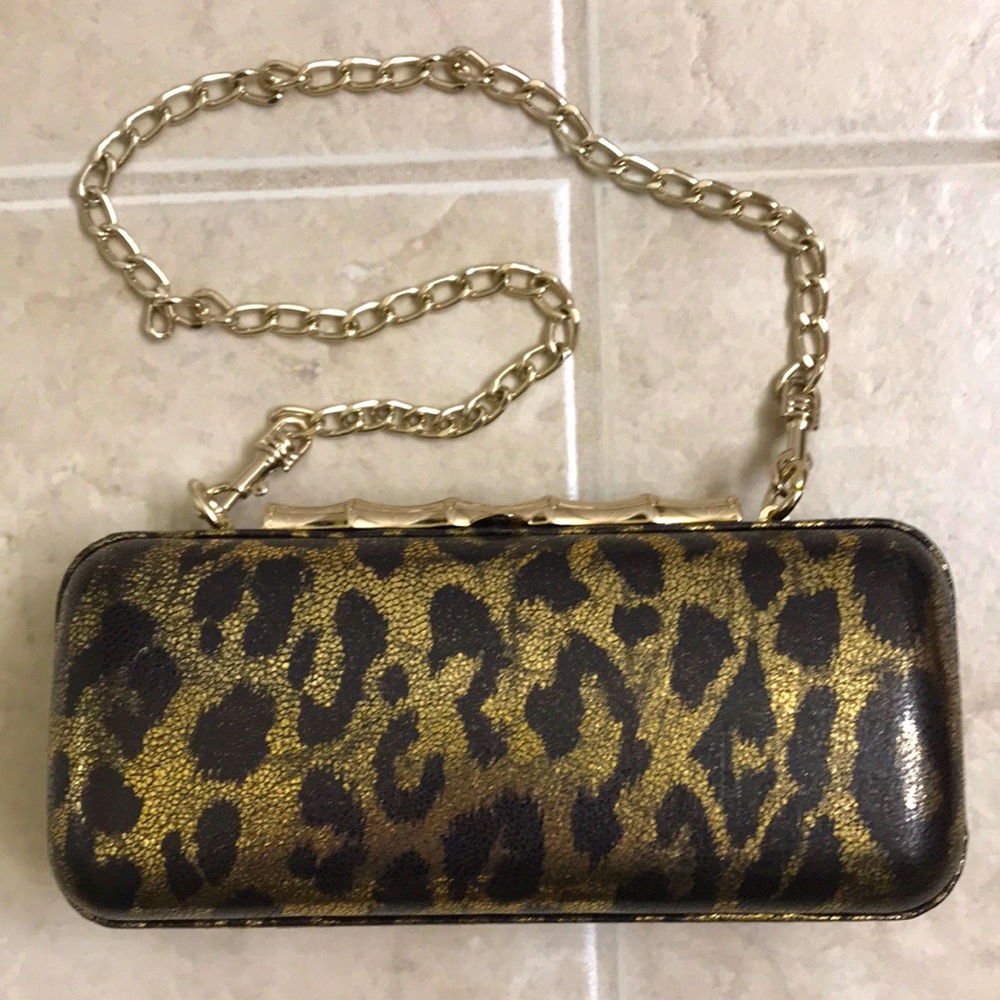 Elaine Turner hard case clutch bag, faux leather leopard print, gold chain strap